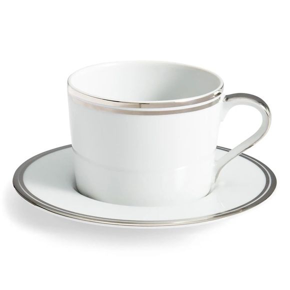 Ralph Lauren Wilshire Porcelain Teacup & Saucer in White/Platinum Silver New - Picture 2 of 7